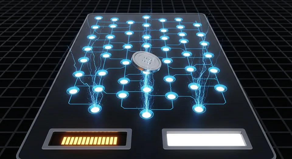 Grid Drop plinko board with a coin bouncing through glowing circuit-node pegs