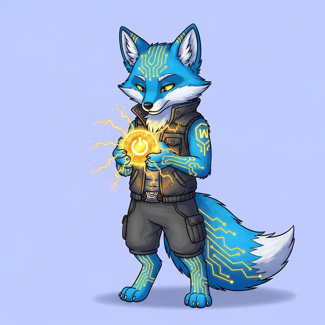 Voltex the circuit fox mascot holding a glowing Arc Coin